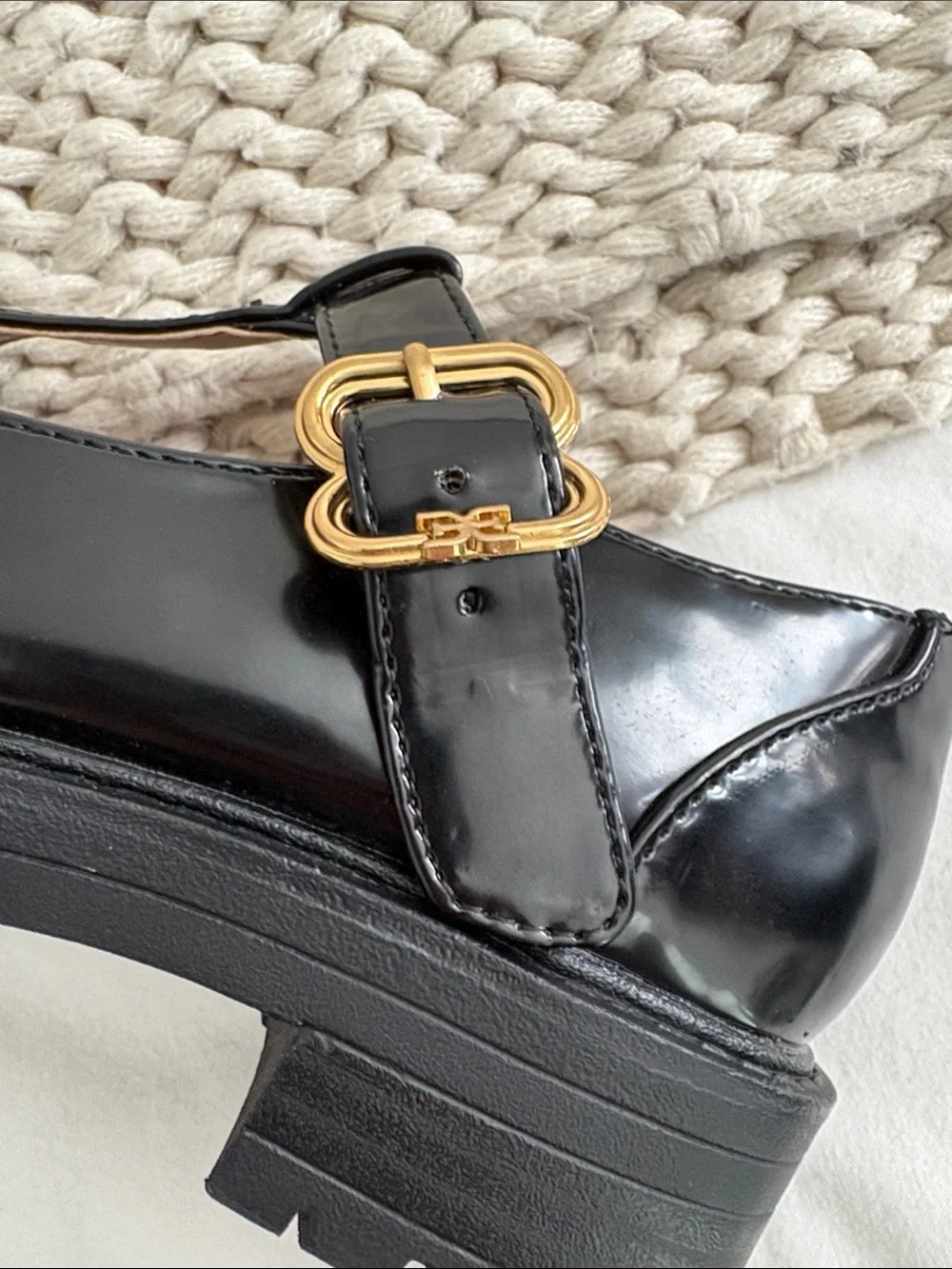 Sam Edelman Black Patent T-Strap Mary Jane’s with Gold Buckle